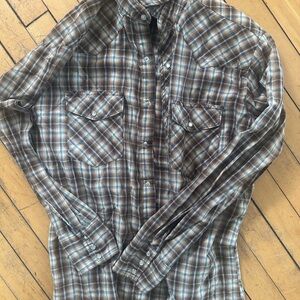 Wrangler Brown and Blue Plaid Button-Down Shirt
